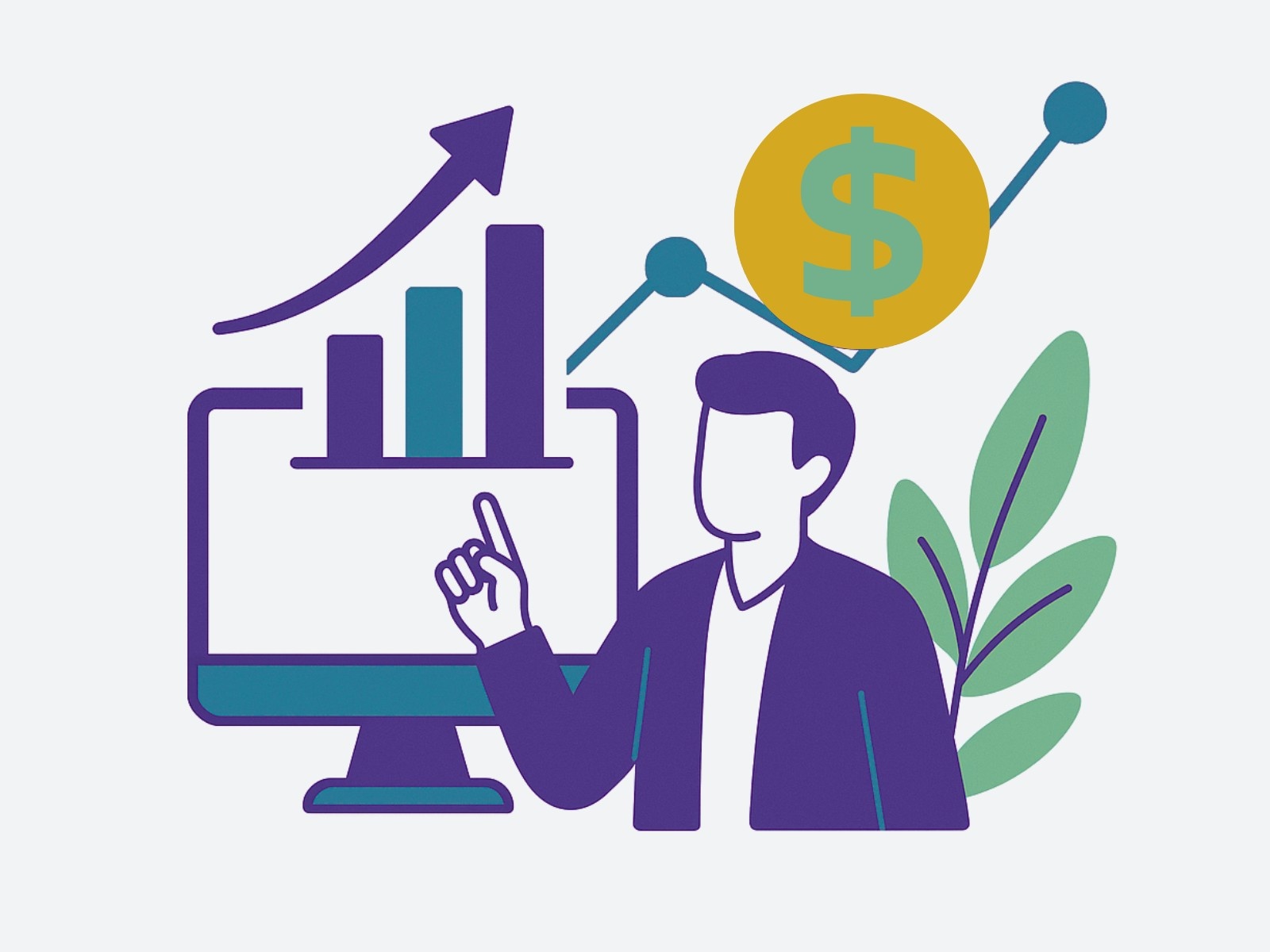 RevFocus hotel revenue strategy illustration showing a consultant optimizing hotel pricing analytics, dynamic revenue growth chart, and online OTA channel management solutions.
